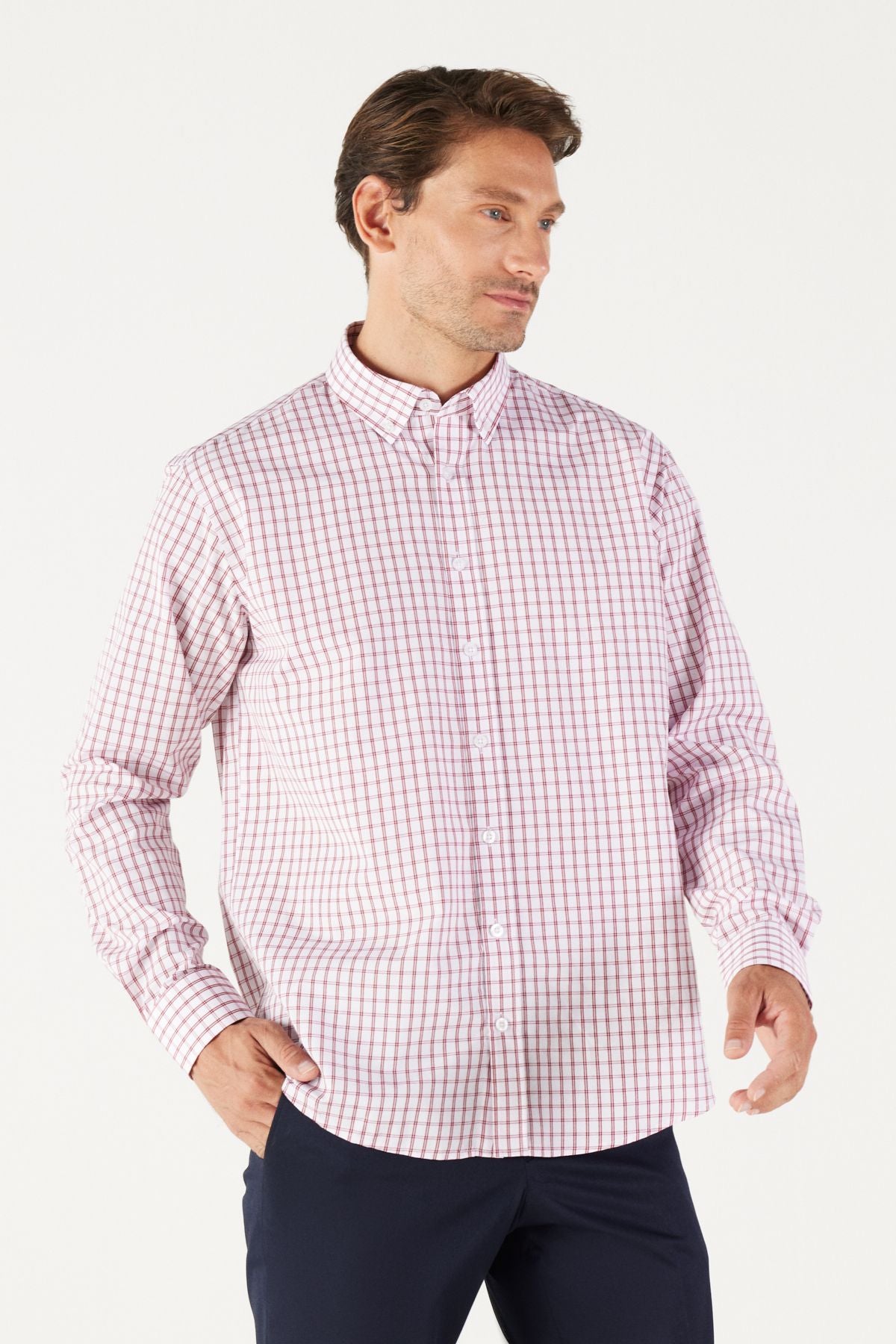 Men's White-Bordo Comfort Fit Casual Cutting Buttoned Neck Cotton Cotton Shirt