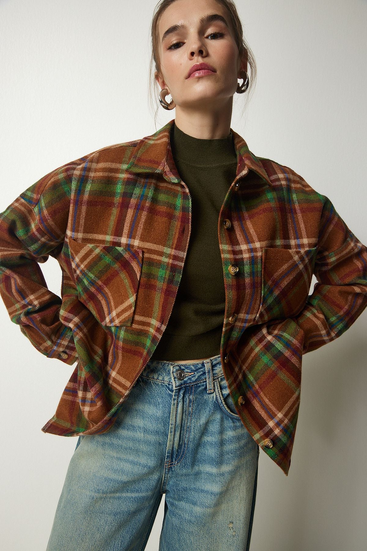 Female Biscuit Green Patterned Oversize Stamp Wdasting Shirt TU00034