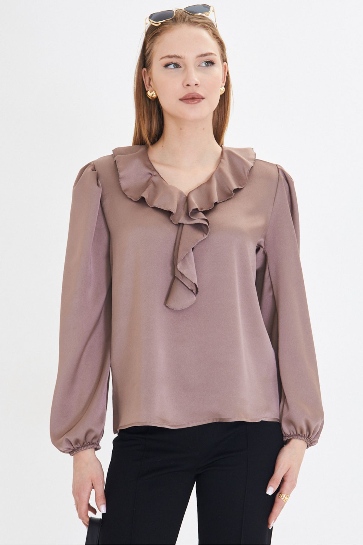 Female mink collar frilled shoulder shirred arm tire cotton satin blouse ARM-22K001059