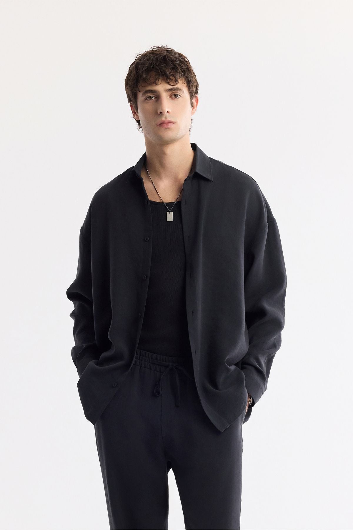 Men's black bottom Brit with Modal Mixed Casual Cutting Oversize Fit Shirt A51y2168