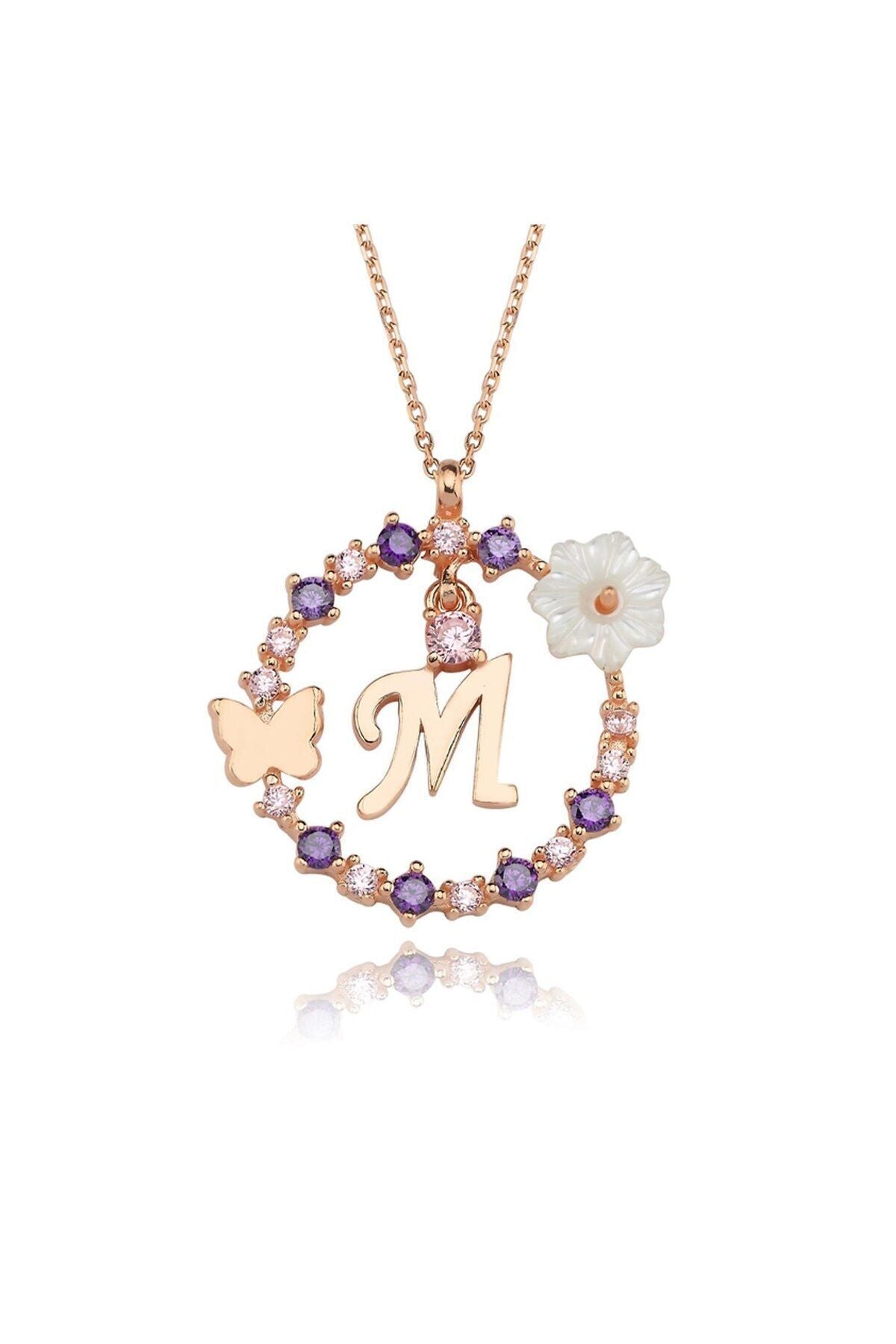 Magnolia Flower Dreams Glitter 14k Rose Gold M Letter Women's Necklace