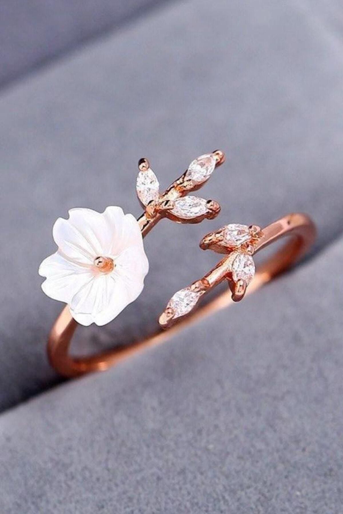 White Psoriasis Flower Adjustable 14 K Rose Gold Coating Female Ring