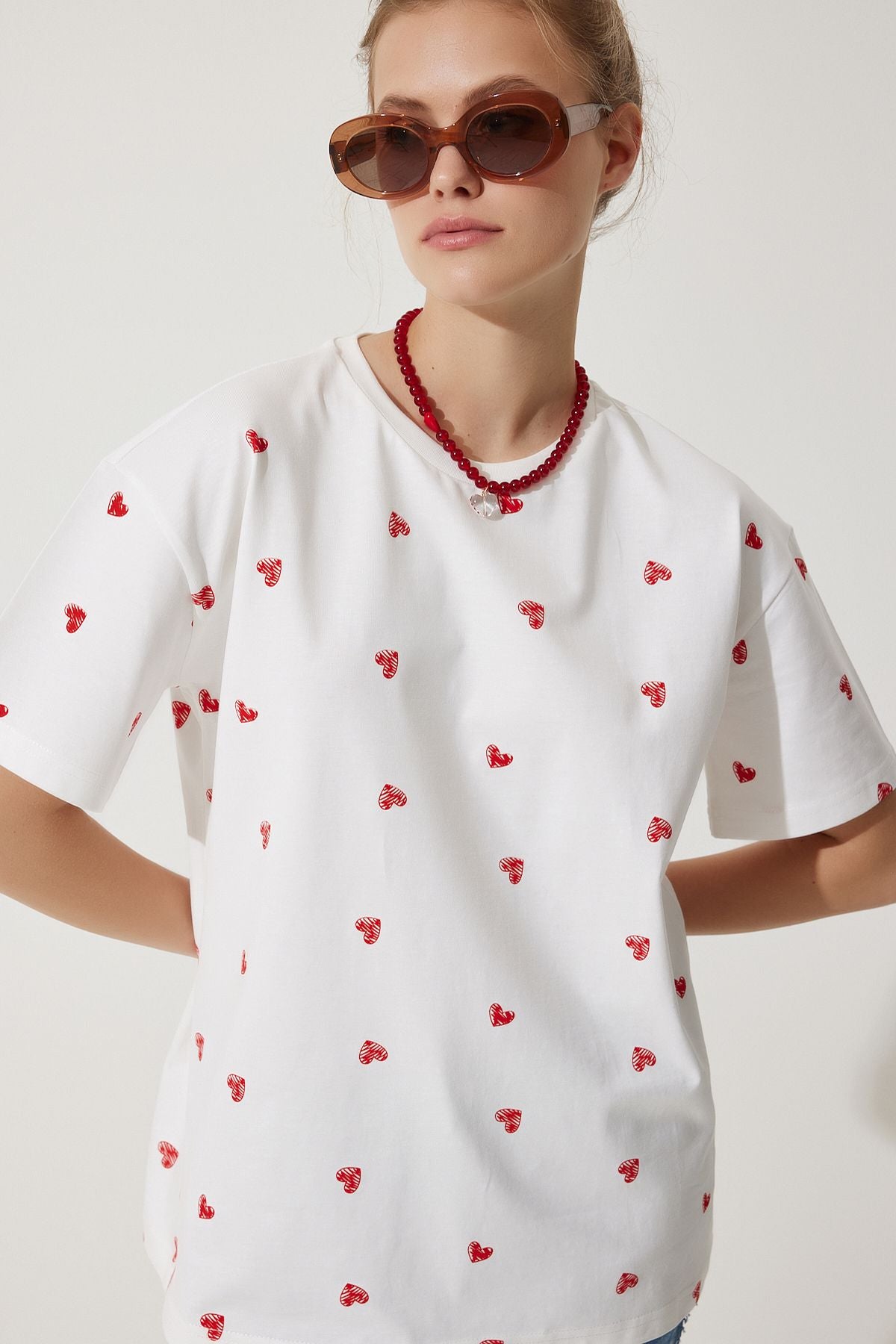 Woman White Heart 100 %Cotton Oversize Long Knitting T-Shirt NJ00148