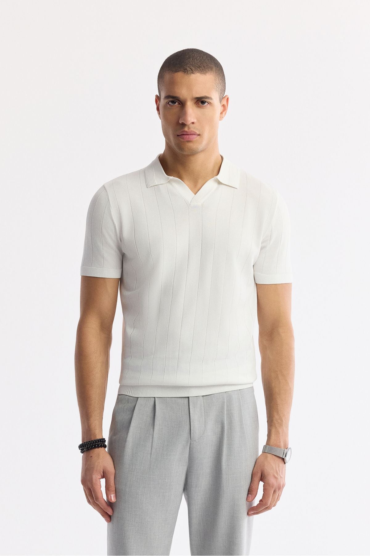 Men's Ecru button-free Polo Yaka Length Rayon Rayon Triko T-Shirt A51y5015