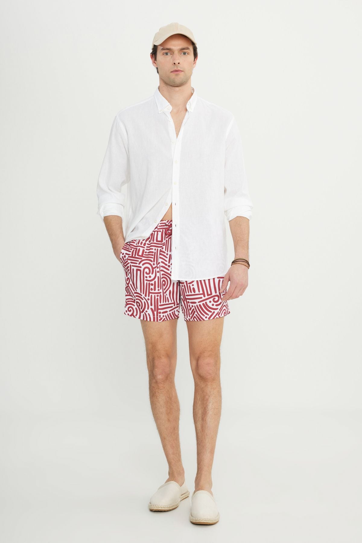 Men's White Red Standard Fit Normal Cutting Pocket Fast Drying Patterned Mayo Sea Short