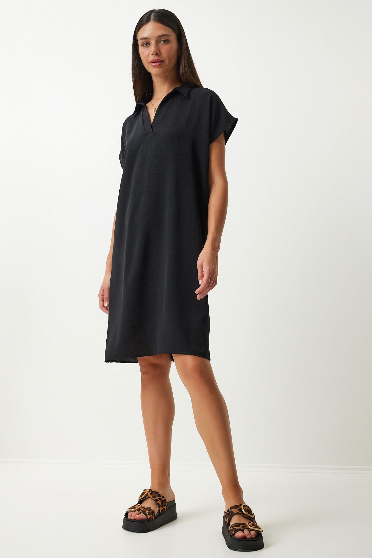 Woman Black Polo Yaka Summer Abundant Linen Ayrrin Dress to00138