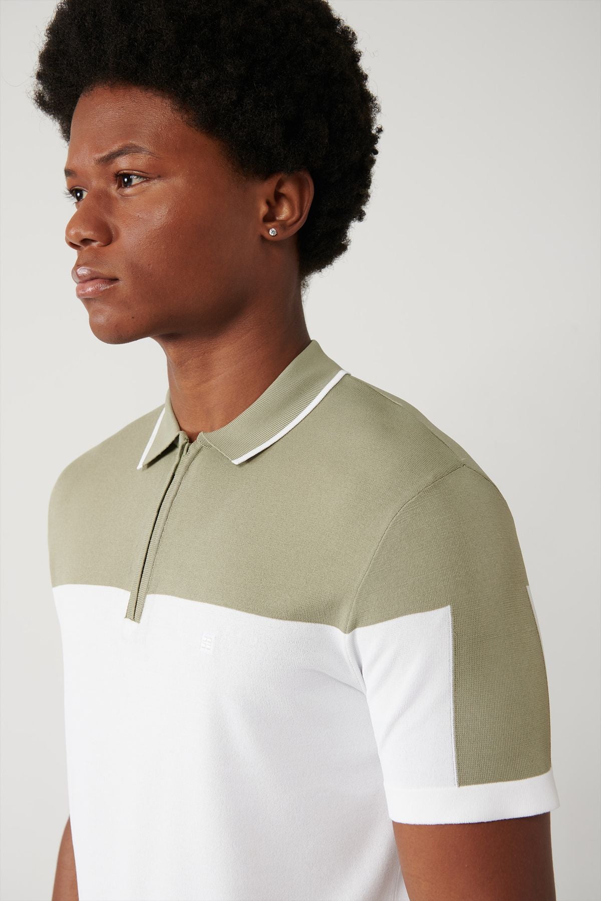 Men's Open Khaki Zippered Block Color Rayon Polo Yaka Triko T-shirt A41y5000