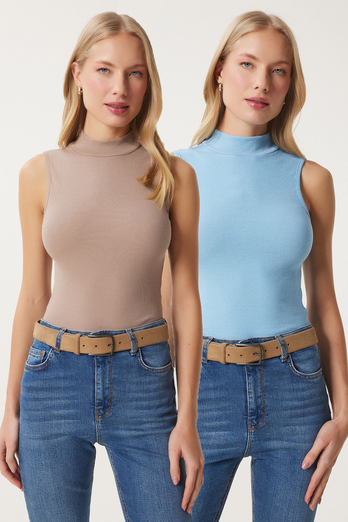 Woman Sky Blue Beige Fisherman Neck Sleeveless 2 Pack Knitting Blouse GT00012
