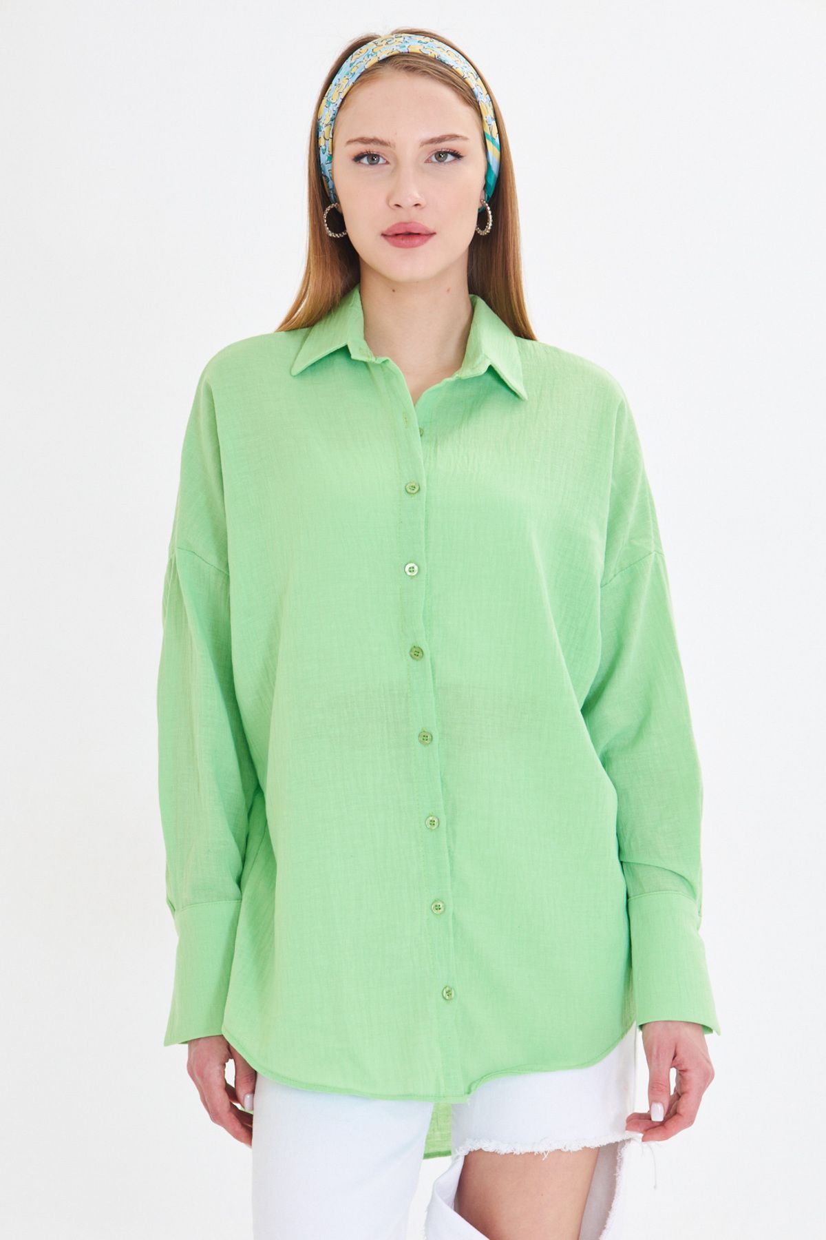Woman Light Green Oversize textured linen-looking large cuff shirt ARM-24K001001