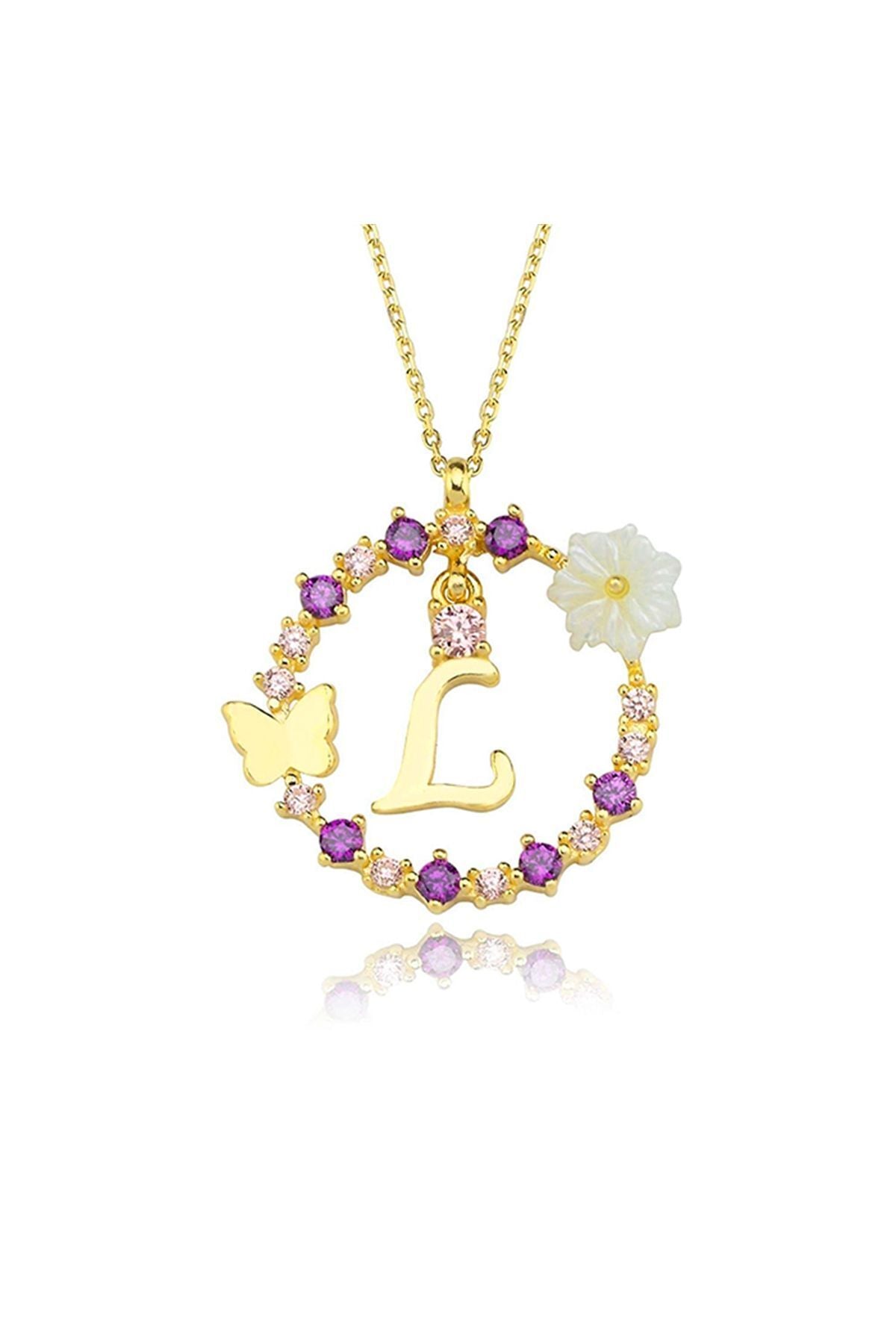 Magnolia Flower Dreams Glitter 14k Gold L Letter Women Necklace