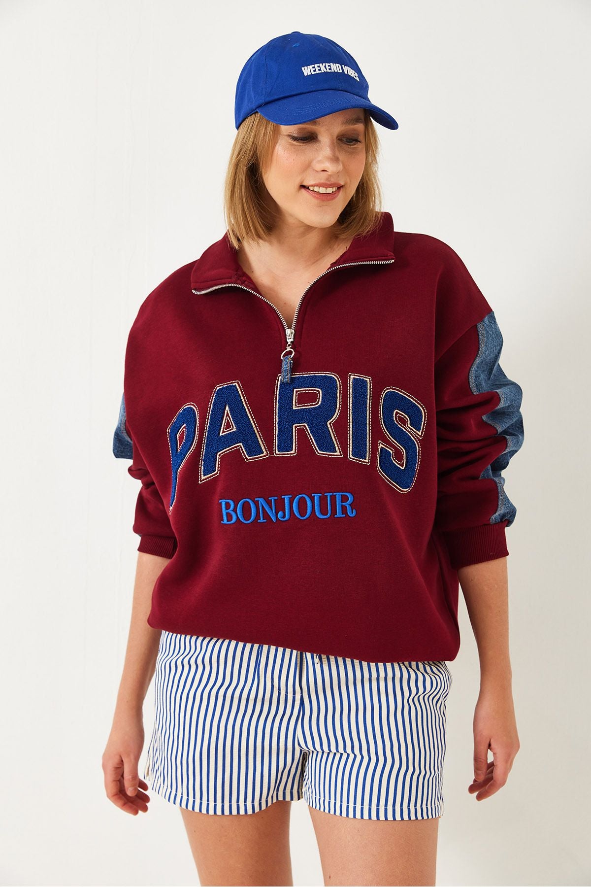 Denim detailed three yarns with zipper with zipper Sweatshirt 60261236