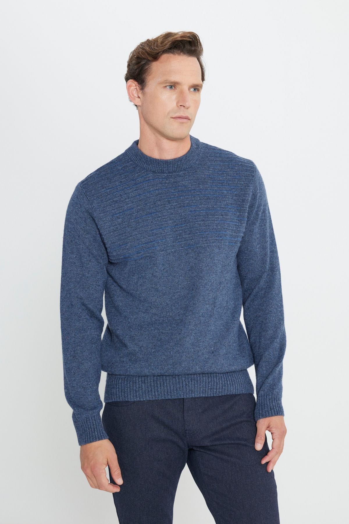 Men's aviator Blue-Petrol Wool Standard Fit Normal Cut Half Fisherman Yaka Knitwear Kazakh