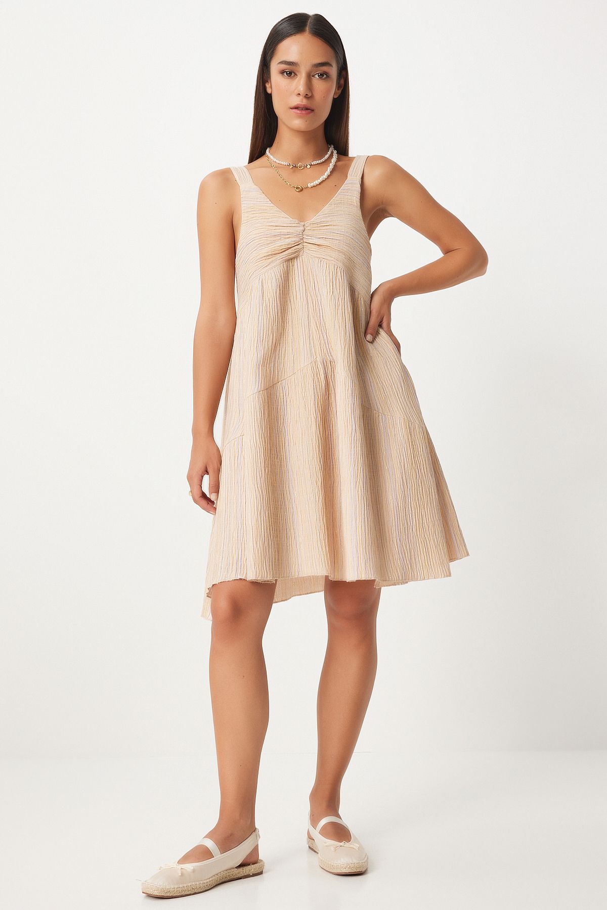 Women's Cream Shirred collar A cut summer knitted dress wf00079