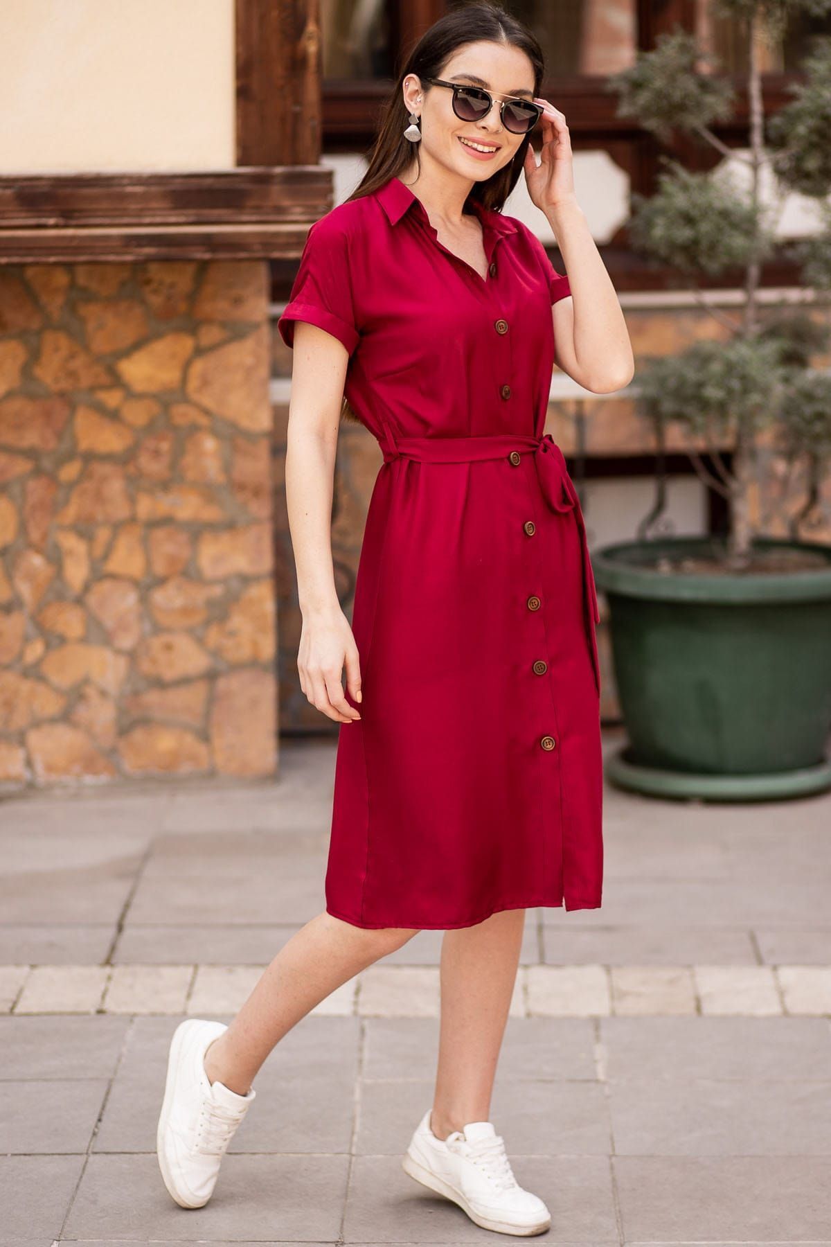 Female Bordeaux Waist Belt Short Sleeve Shirt Dress Arm-19y001068