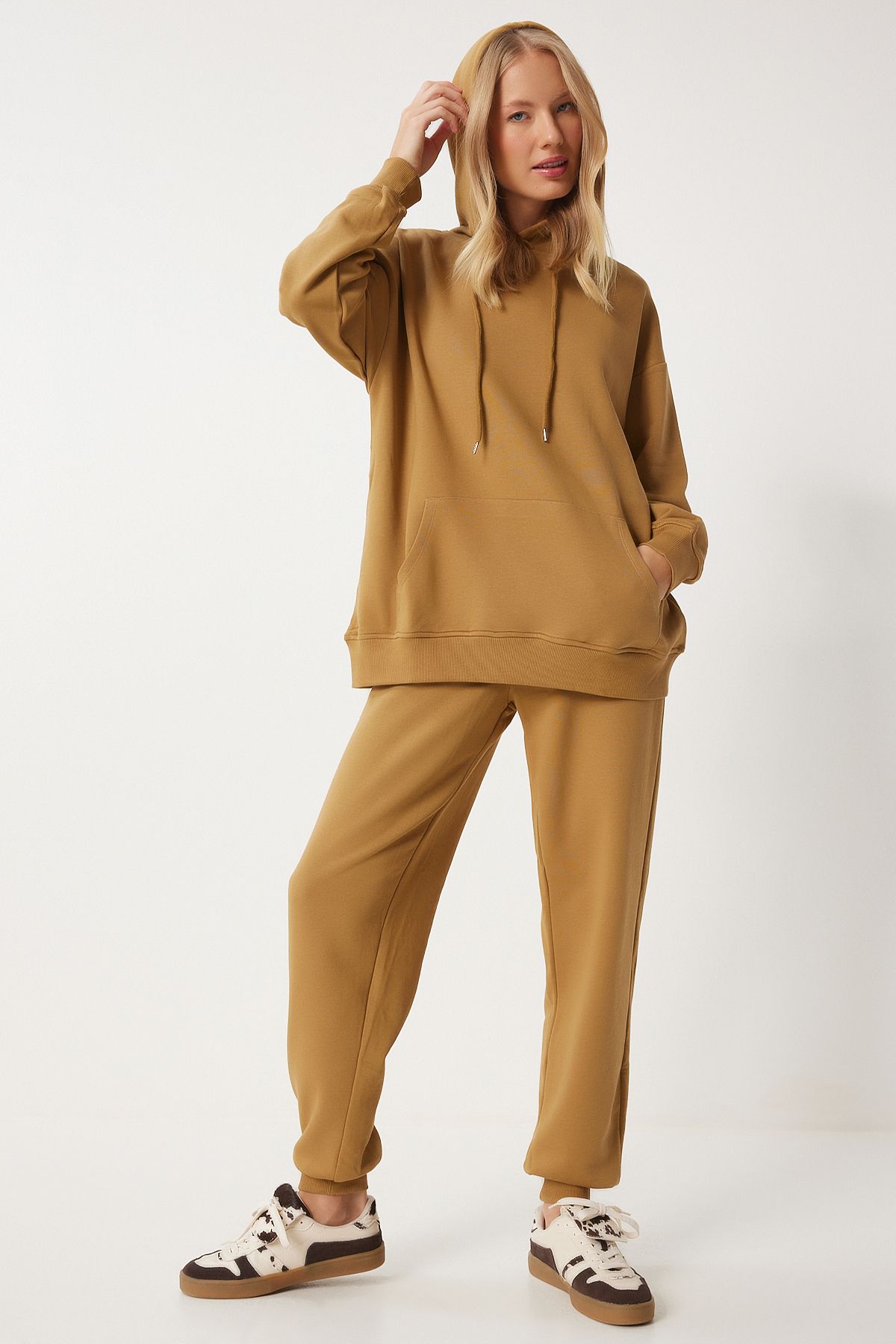 Woman Dark Mustard Hooded Sweatshirt Jogger Oversize Knitting Satatches Pys0027