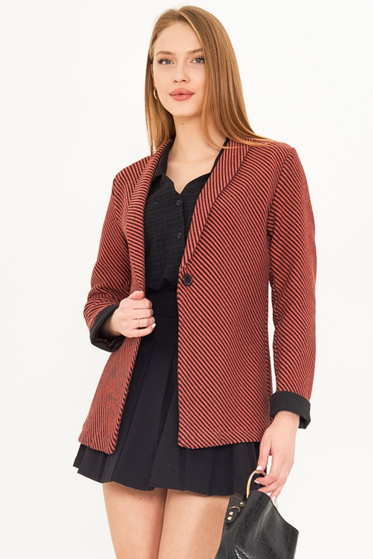 Women's Tile striped lever folding single button stamp jacket ARM-25K001106