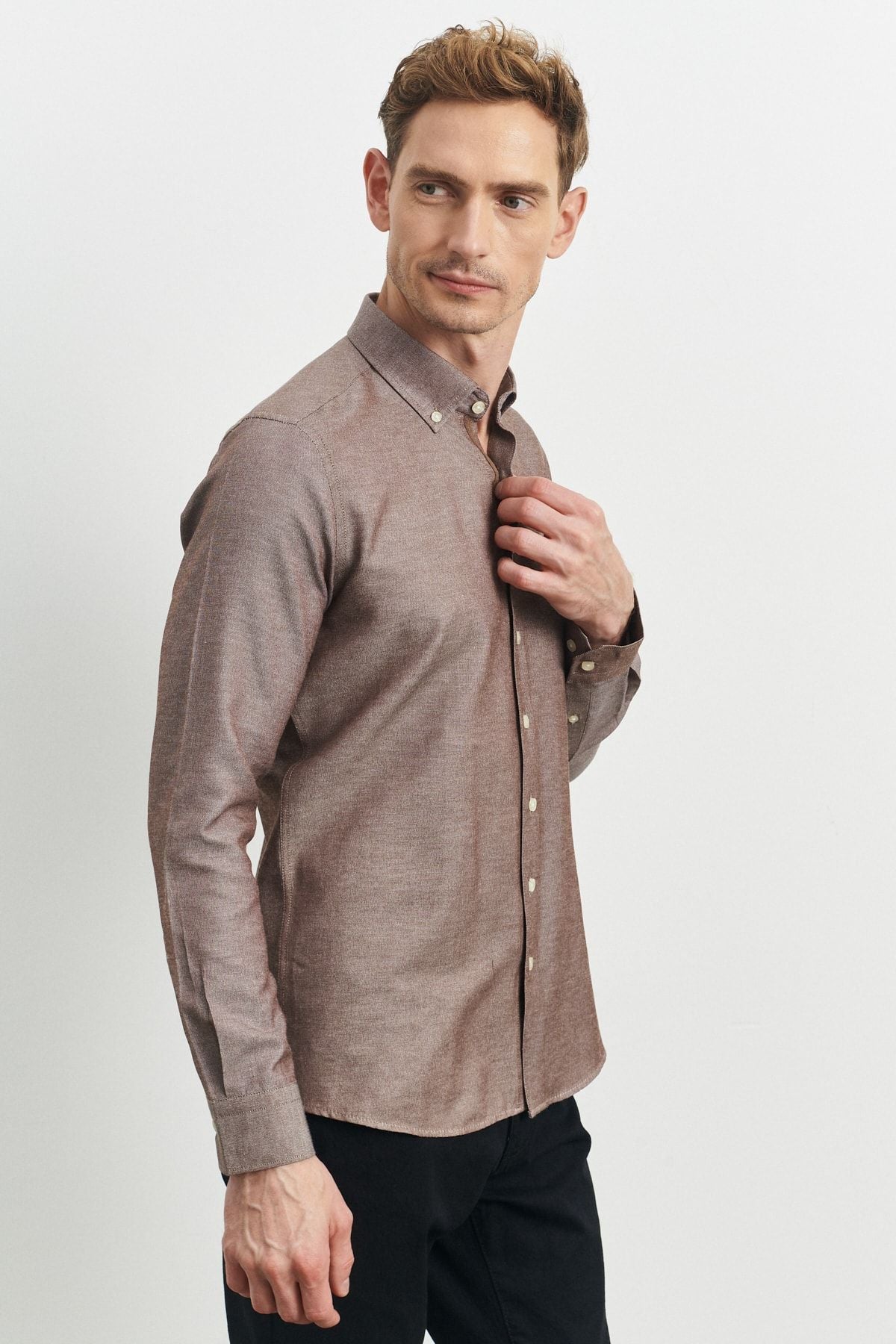 Men's mink slim fit narrow cut cotton hidden buttoned collar long sleeve oxford shirt