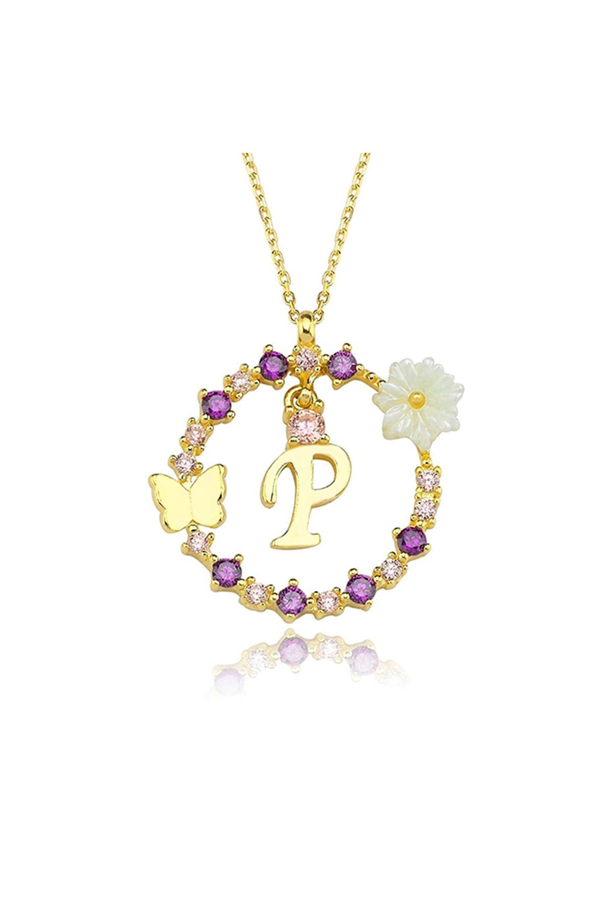 Magnolia Flower Dreams Glitter 14k Gold P letter Women Necklace