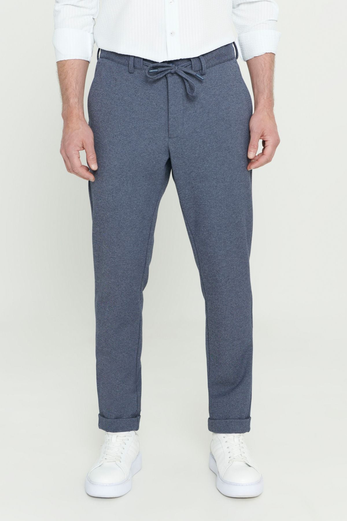 Men's navy blue slim fit narrow cut waist tied flexible pants