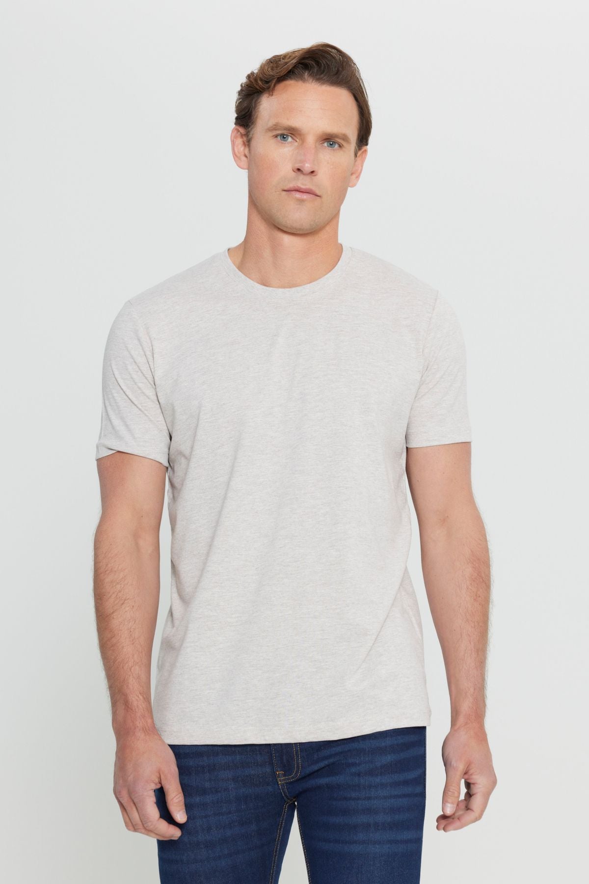 Men's beige melanja cotton slim fit narrow cut bicycle collar Basic T -shirt