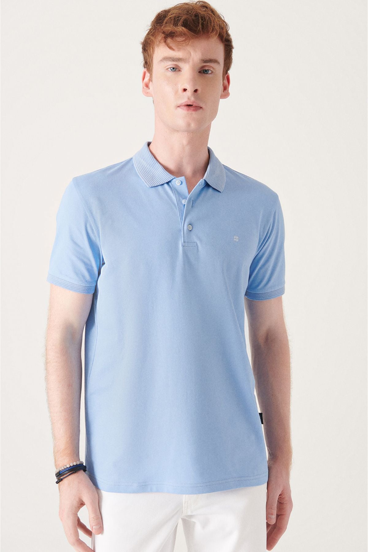 Men's light blue 3 button 100 %corn cotton Polo Yaka T-shirt B001027