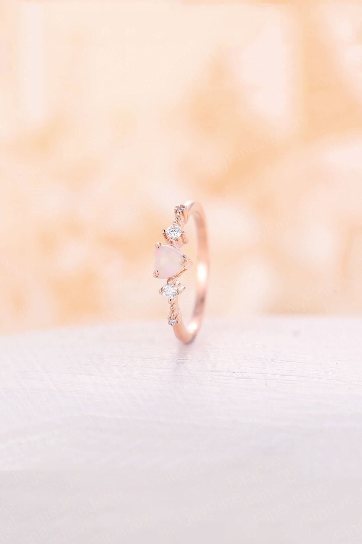 Minimal Heart White Stone Ring 14k Rose Gold Plated Adjustable Size