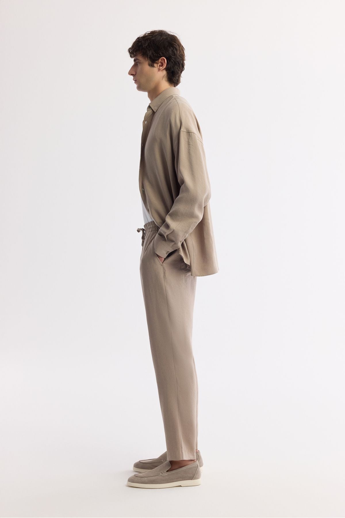 Men's Beige Waist Modal Mixed Casual Cutting Trojan Relaxed Fit Pants A51y3031