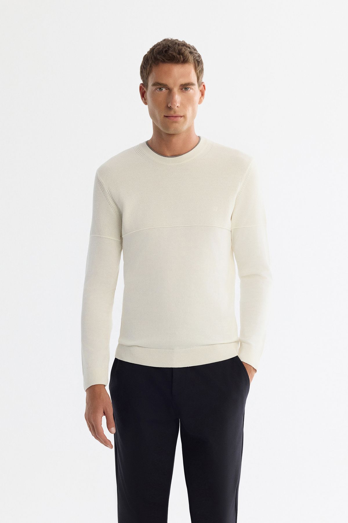 Men's Ecru Bicycle Collar Double Collar Detailed Cotton Knitwear Sweater A42Y5190