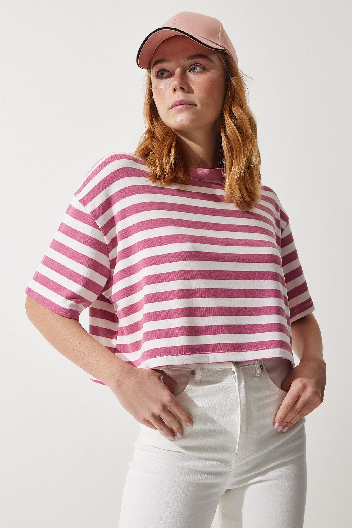 WOMEN'S ROSE KIZI BICYCLE COLLAR striped Crop knitting T-shirt CR00427