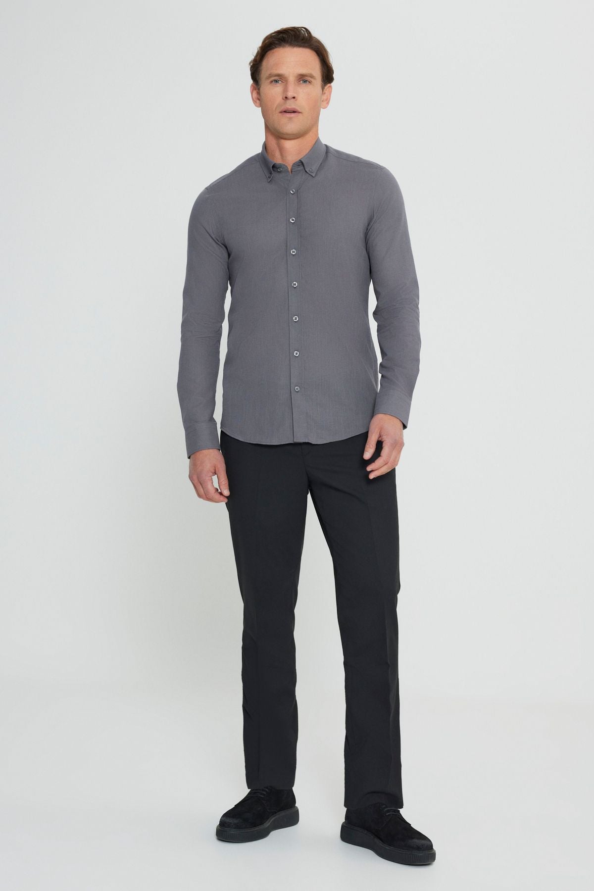 Men's anthracite 100 %cotton breathing fabric pennant oxford slim fit button collar shirt