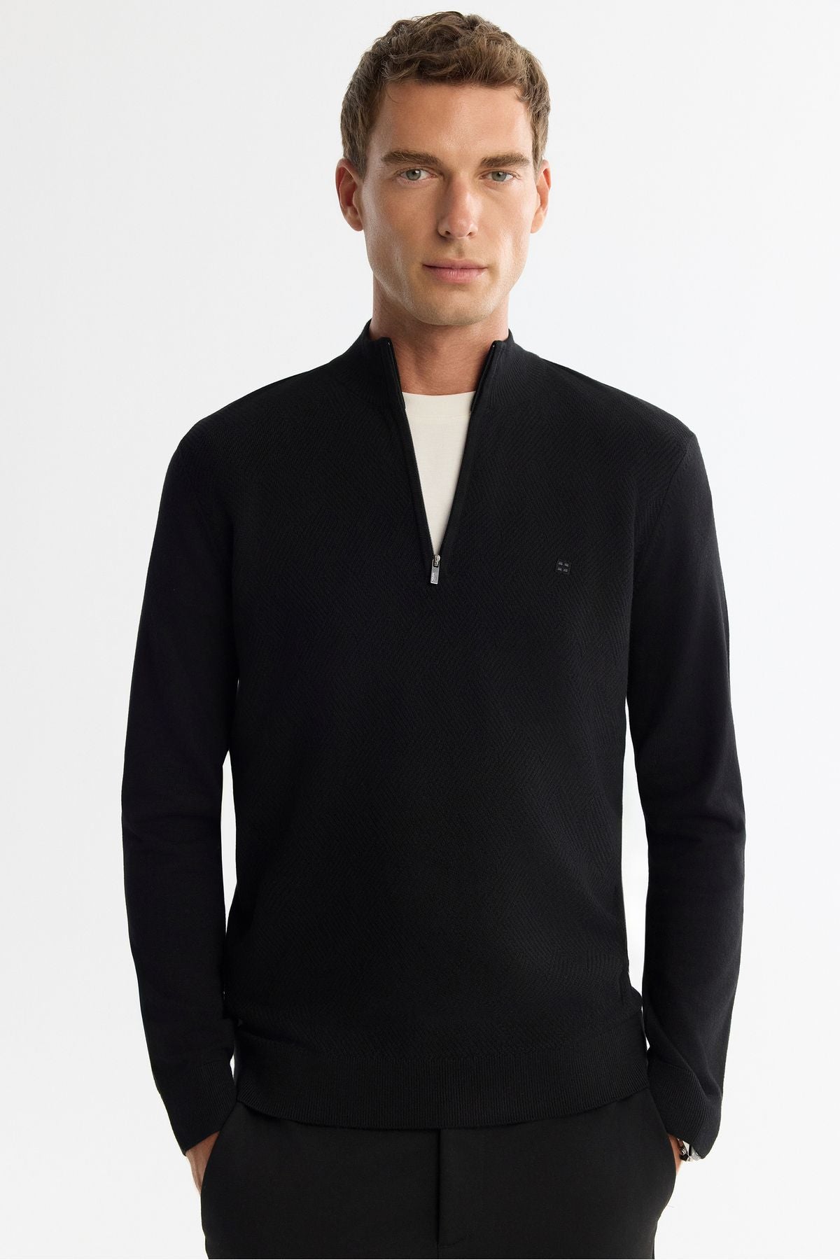 Men's black zipper upright collar soft touch knitwear sweater A42y5056