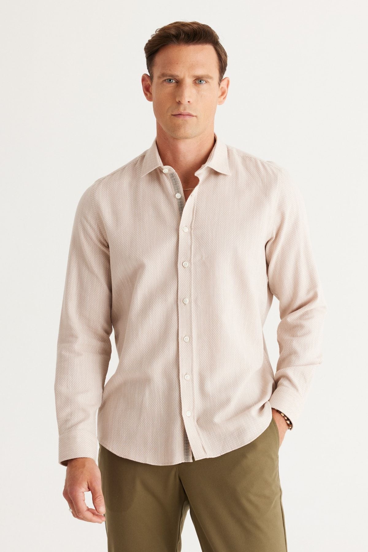 Men's Beige Slim Fit Night Cut Classic Collar 100 %Cotton Amelor Shirt