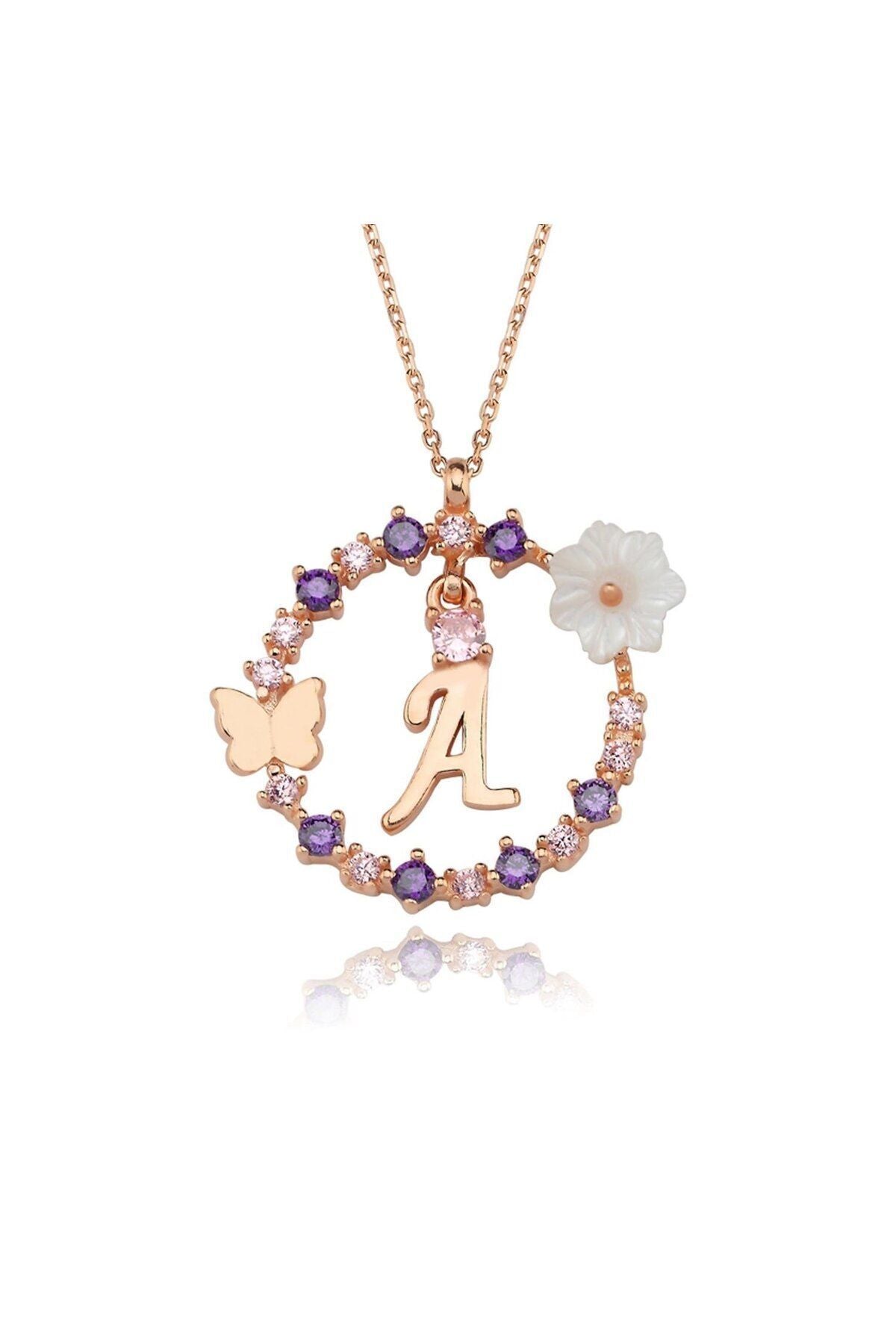Magnolia Flower Dreams Glitter 14k Rose Gold A Letter Women Necklace