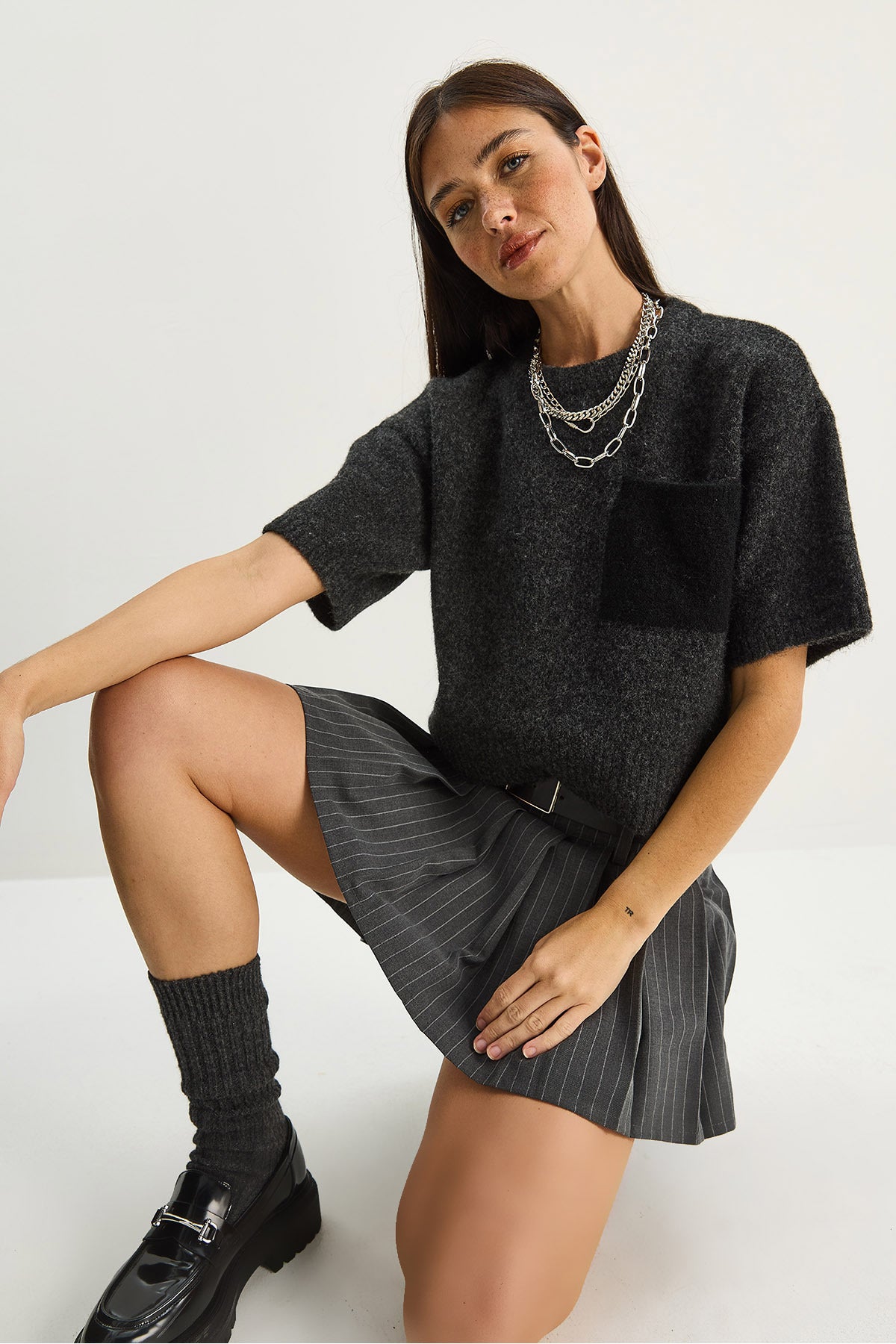 Women's Color Block Pocketed Short Sleeve Knitwear Sweater 2551 60283758