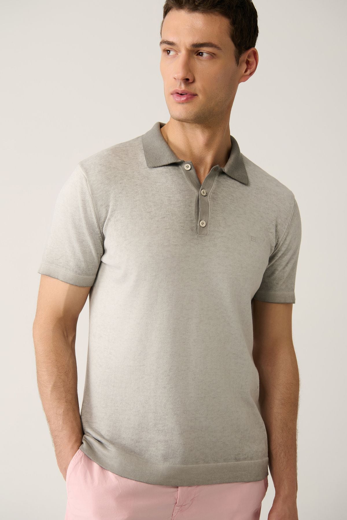 Men's gray 3 button paint effects Polo collar knitwear T-shirt A41y5114