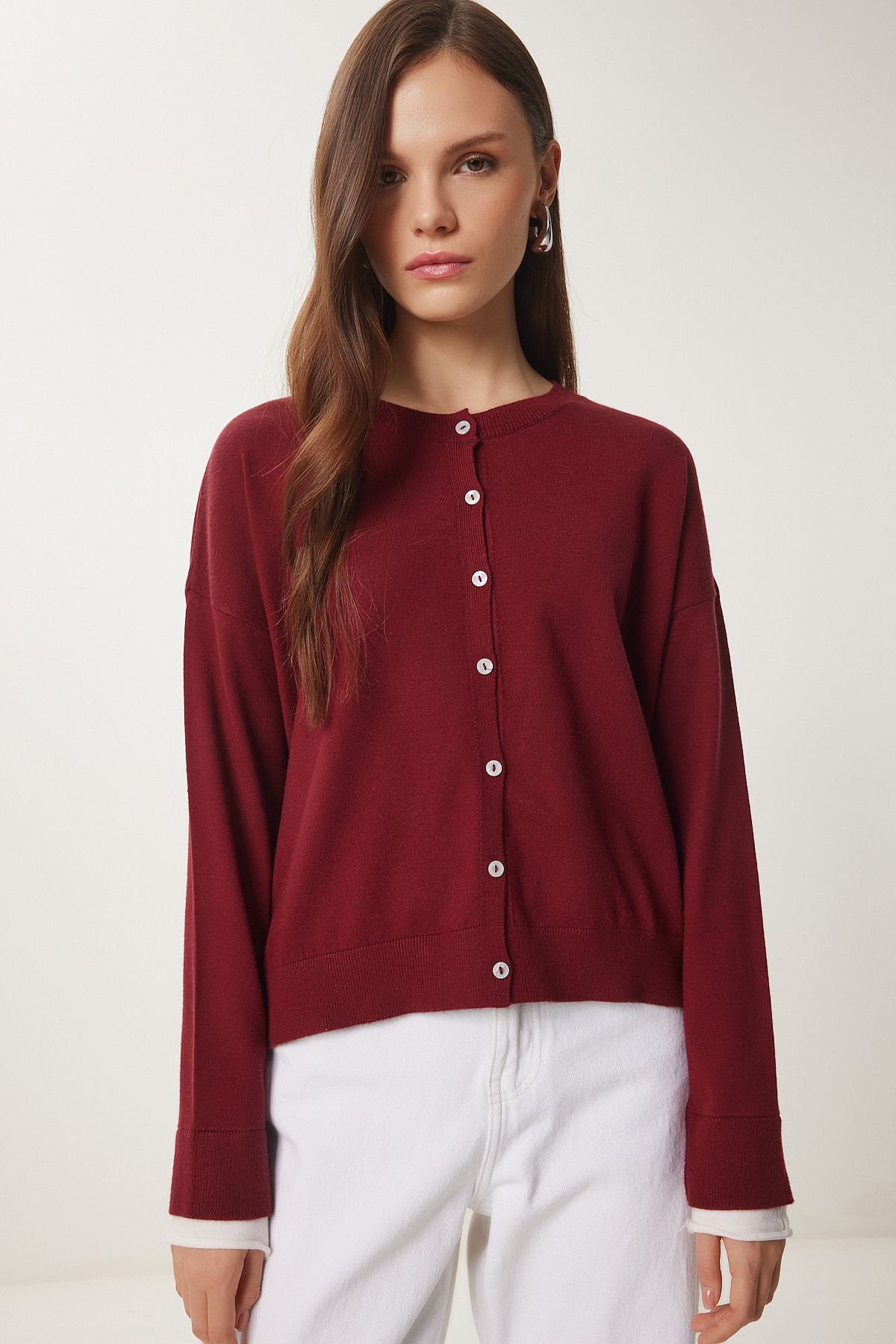 Female Bordeaux Contrast Ribbon detailed seasonal knitwear cardigan US00953