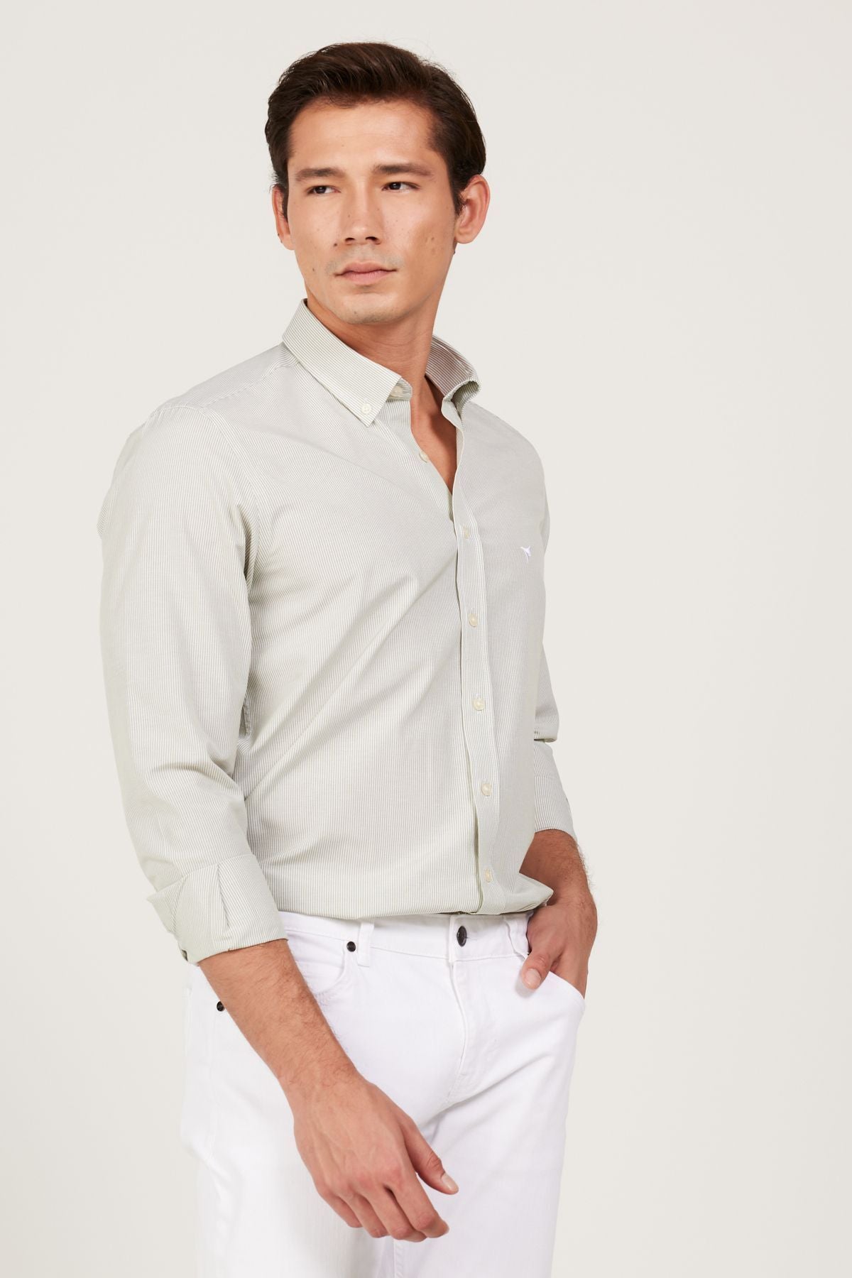Men's green-white slim fit narrow cut buttoned collar cotton striped shirt