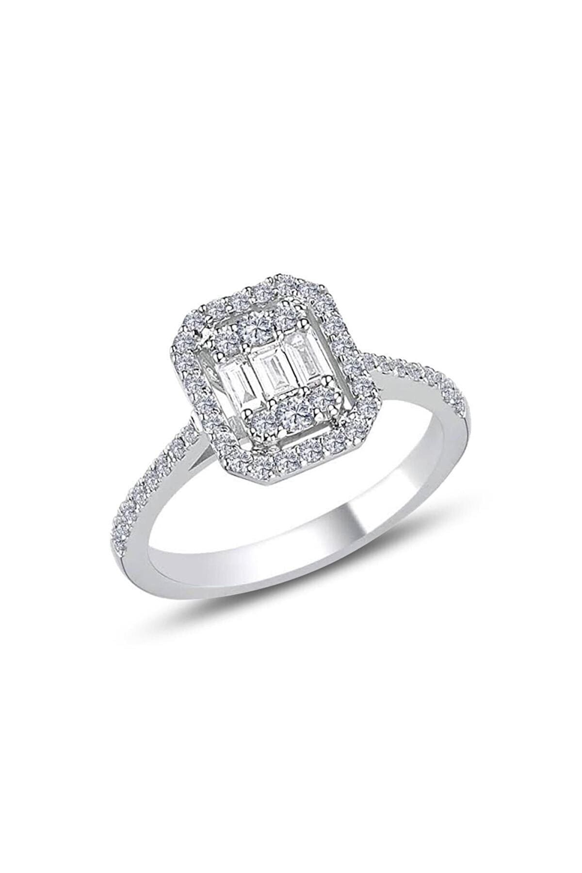 Baguette White Stone Adjustable Silver Color Coating Woman Ring