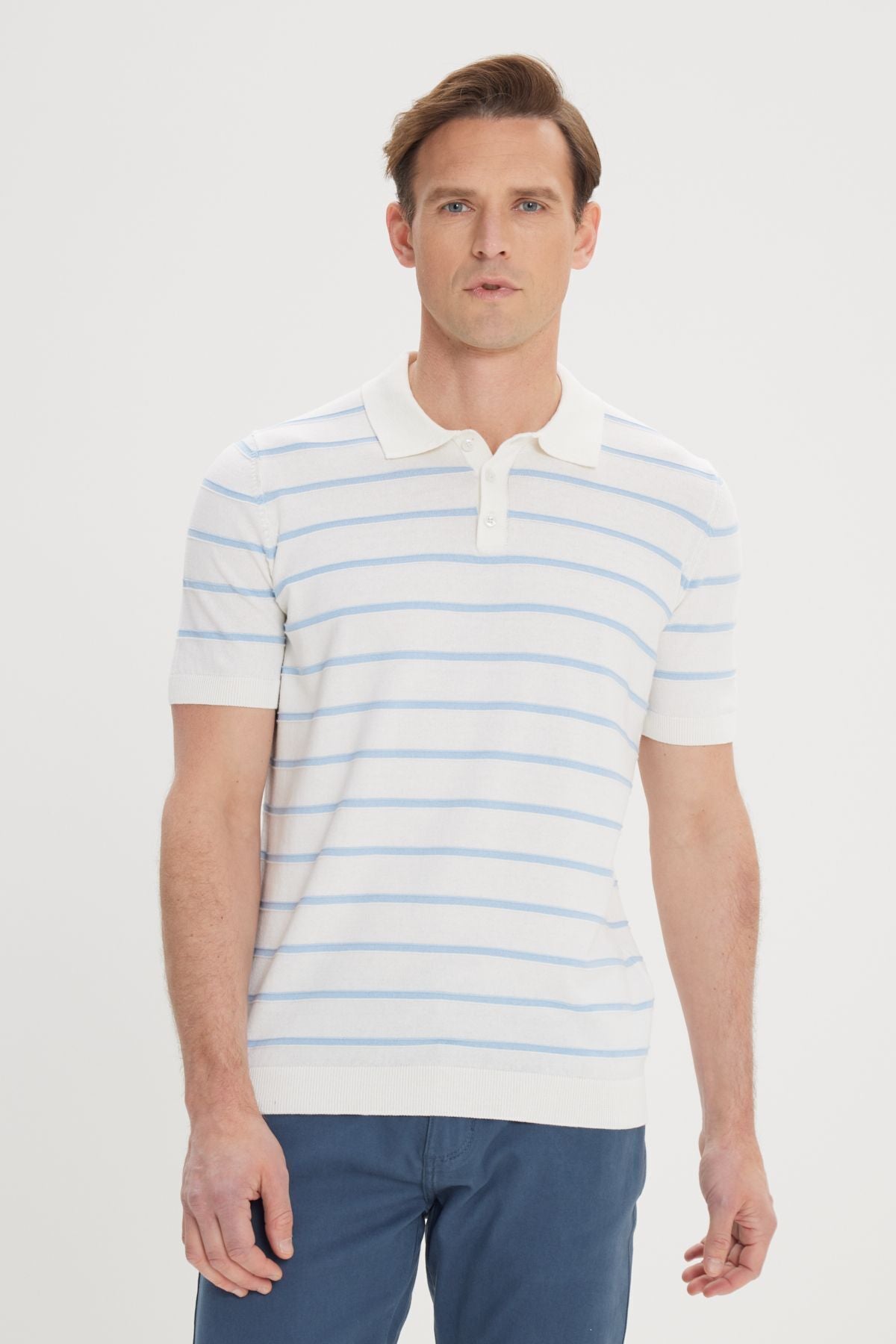 Men's Ecru-Blue Standard Normal Cutting 100 %Cotton striped Polo Yaka Triko T-shirt