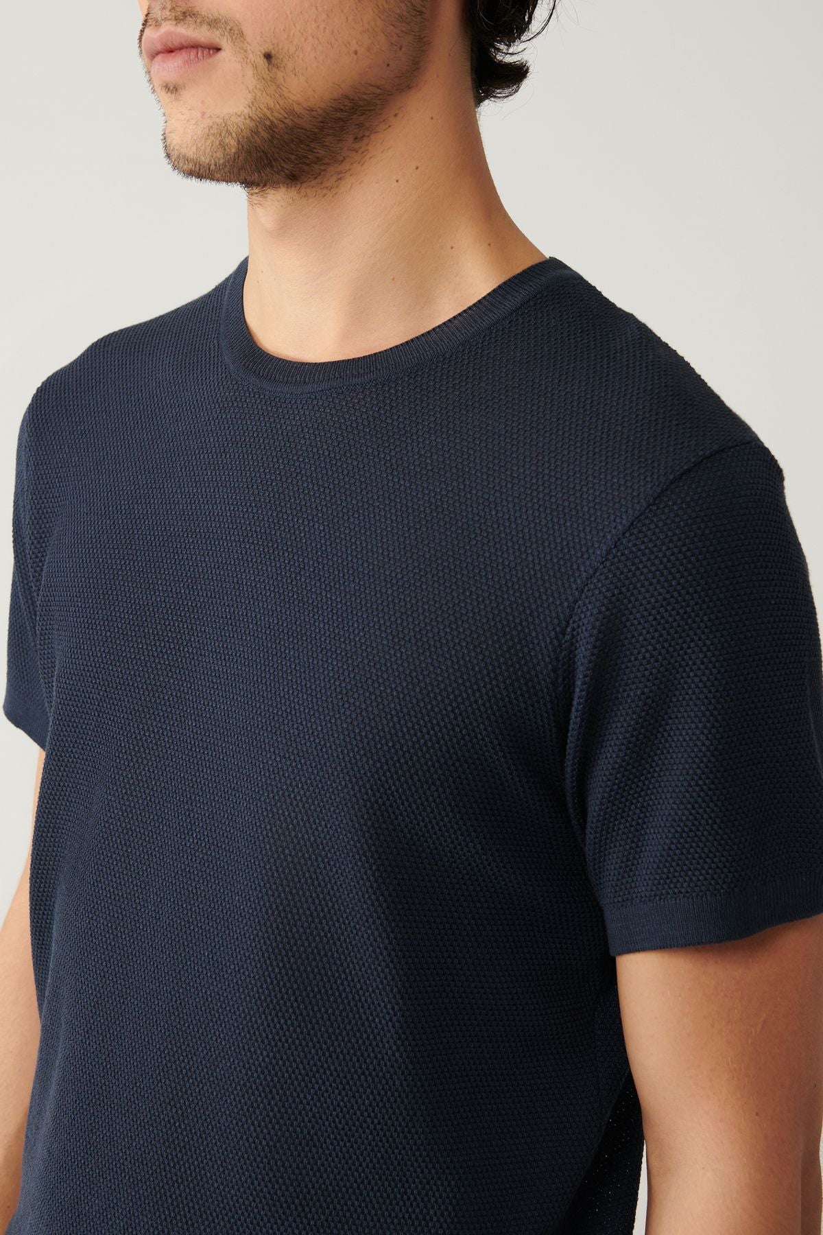 Men's open navy blue bike collar textured cotton knitwear T-shirt E005027