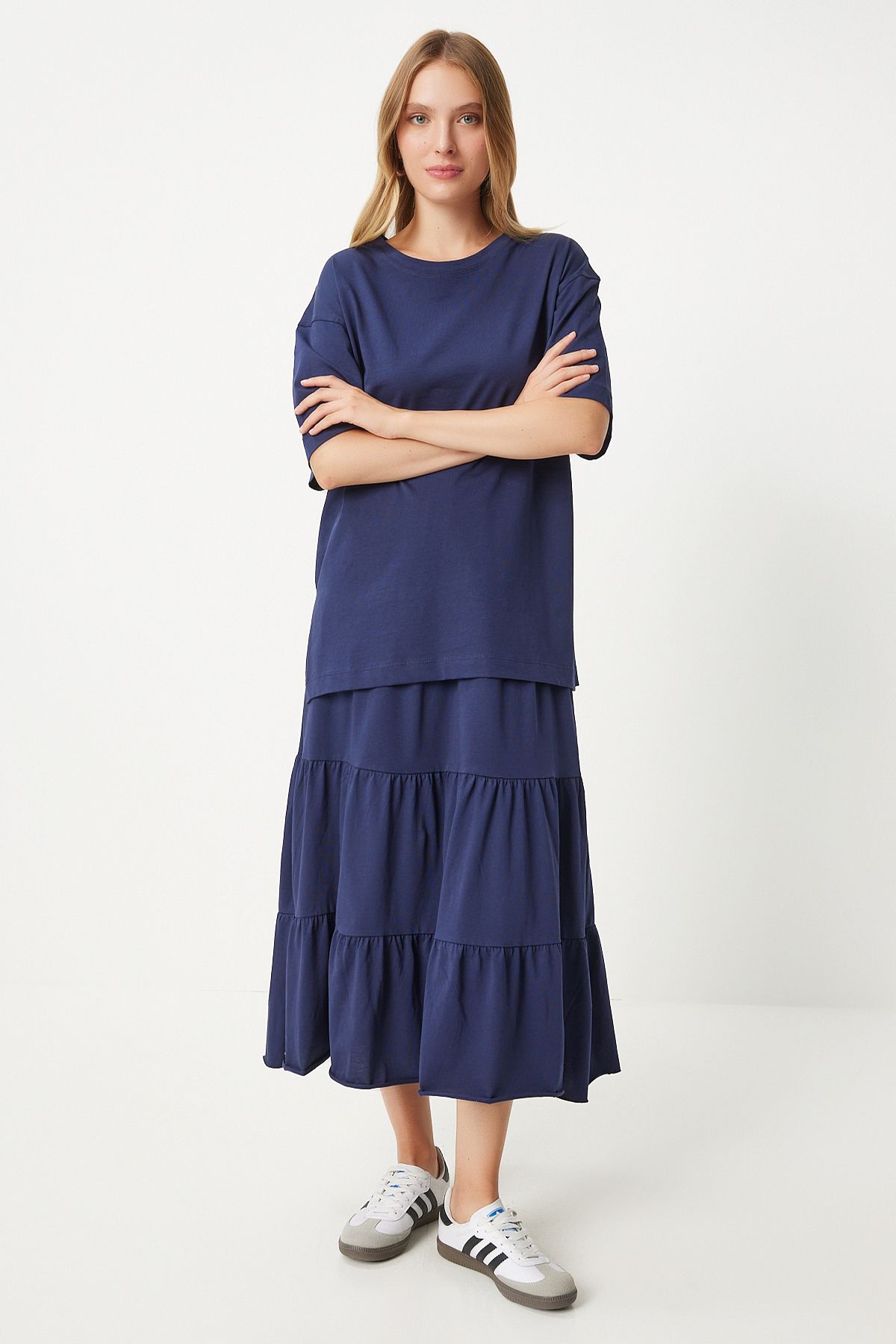 Woman Navy blue Oversize T-shirt Volan knitted skirt set UB00291