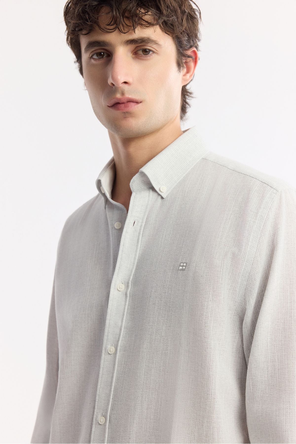 Men's light gray button collar cotton textured regular fit shirt A51y2130