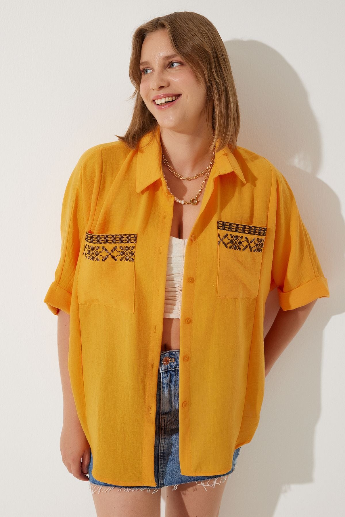 Female Orange Embroidered Pocket Oversizle Linen Ayrrin Shirt RG00031