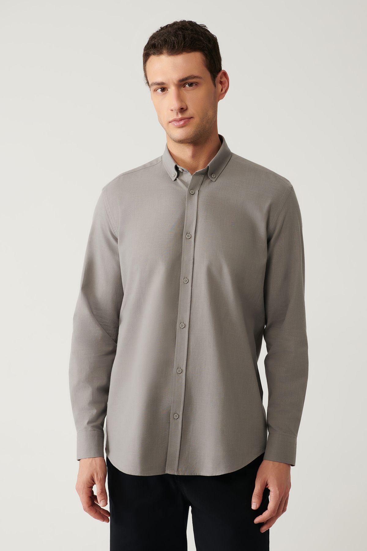 Men's anthracite buttoned collar 100 %cotton linen textured shirt E002141