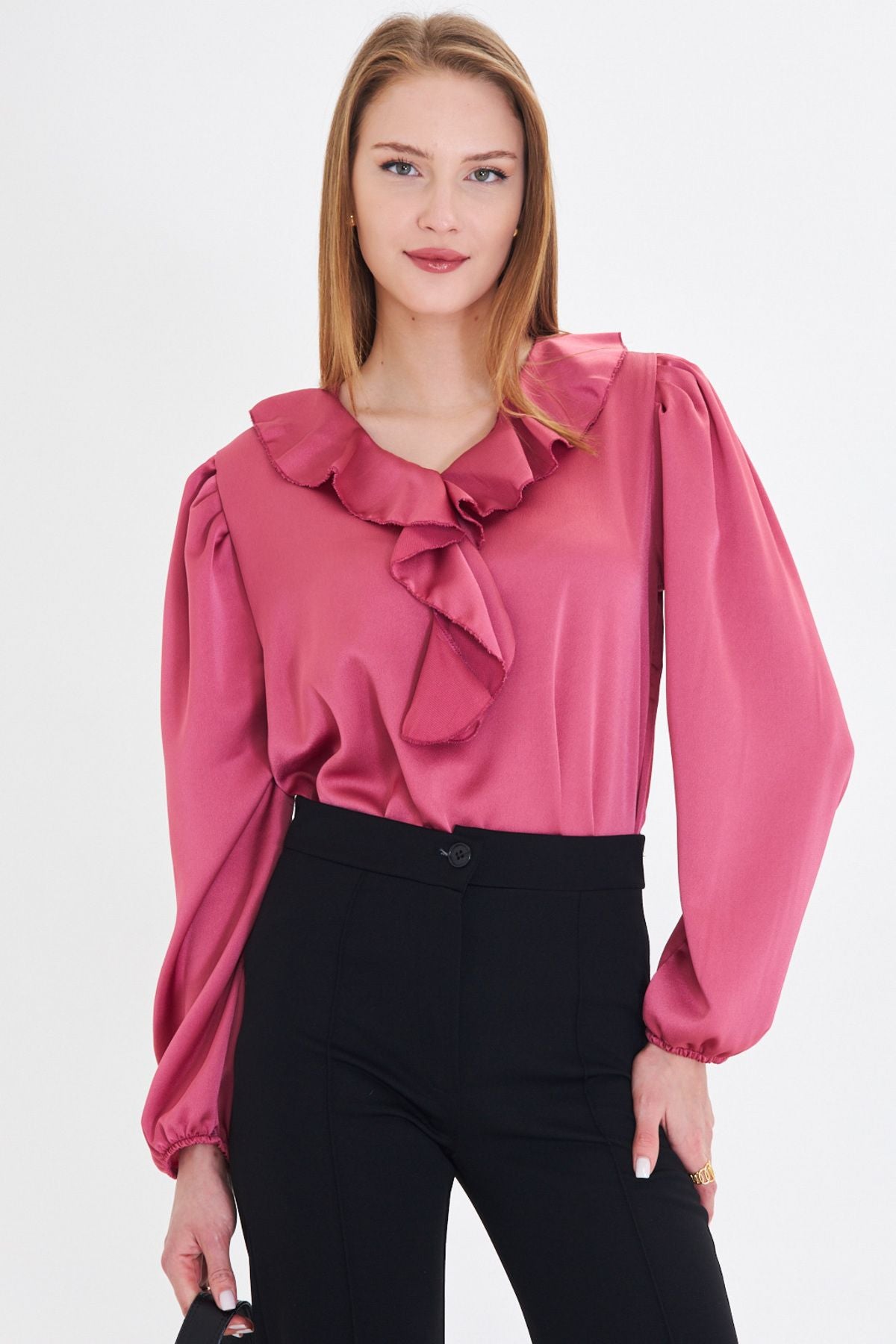 Woman Dark Pink collar frilled shoulder shirred arm tire cotton satin blouse ARM-22K001059