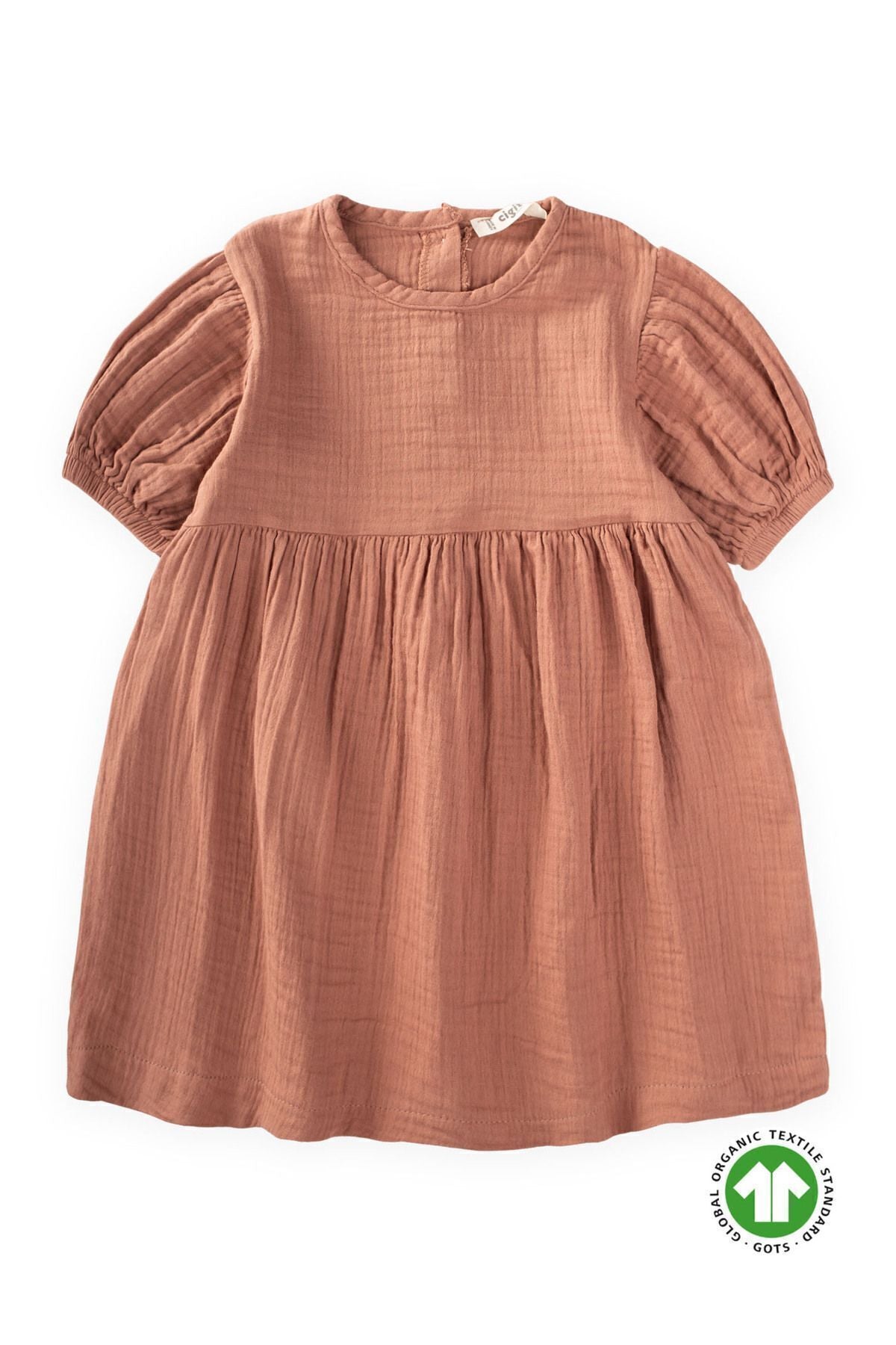 Organic Balloon Sleeve Muslin Dress 2-10 Age Age Browded Coffee