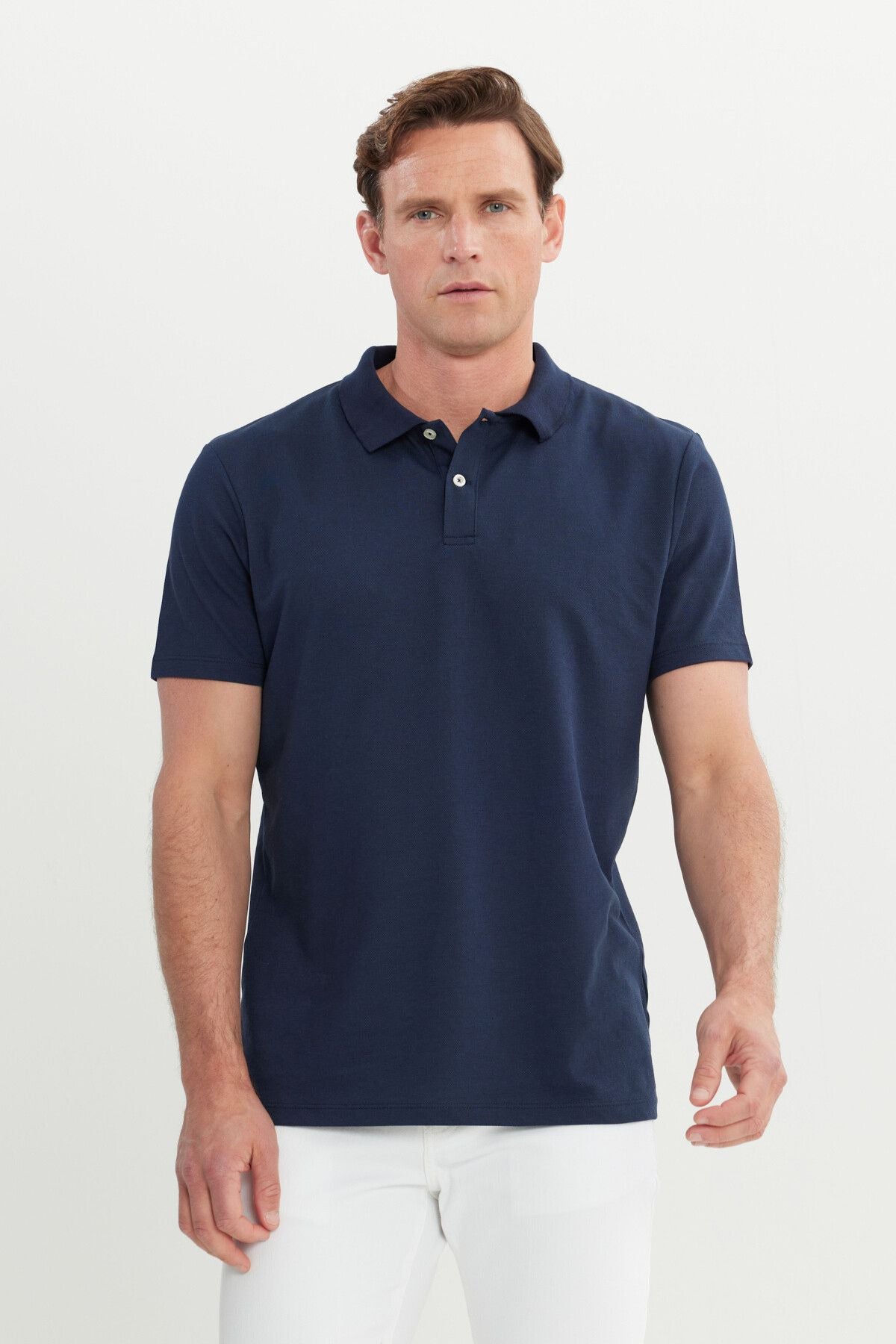 Men's navy blue cotton slim fit narrow cut polo collar t -shirt