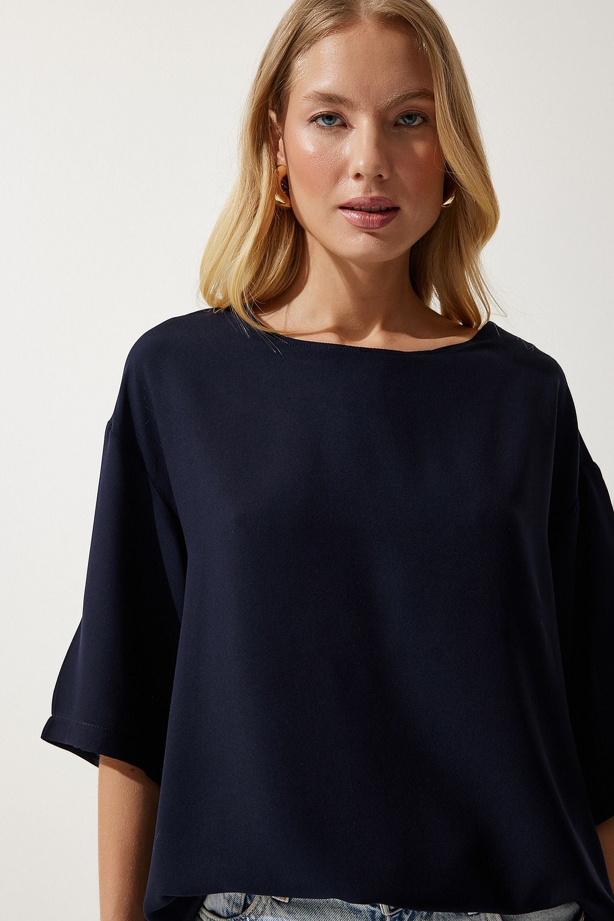 Female navy blue bicycle collar draped viscose blouse RC00152