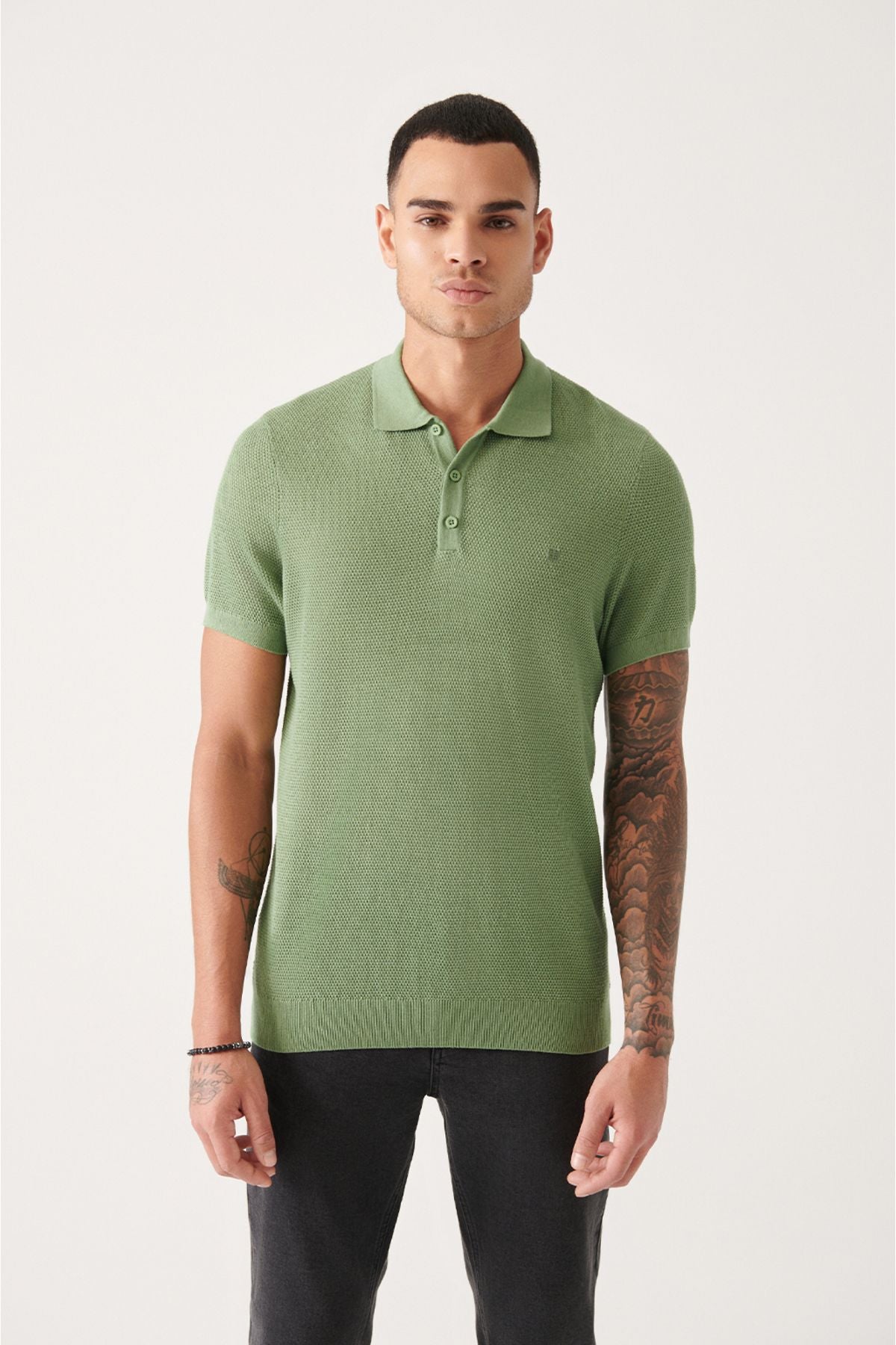 Men's Water Green 3 Button Tissue Ribanian Polo Yaka Triko T-Shirt B005009