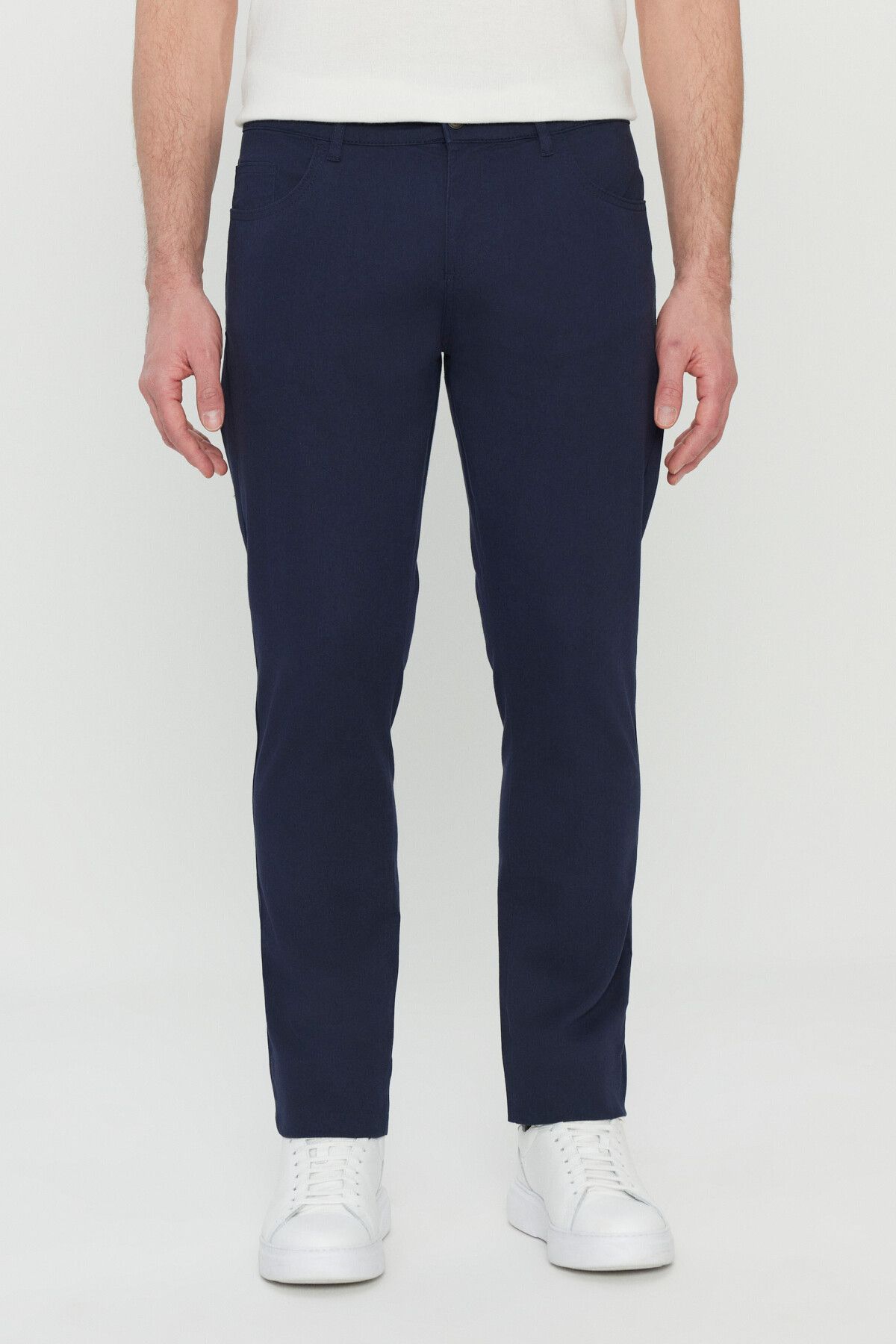Men's navy blue cotton slim fit narrow cut 5 pocket flexible casual pants